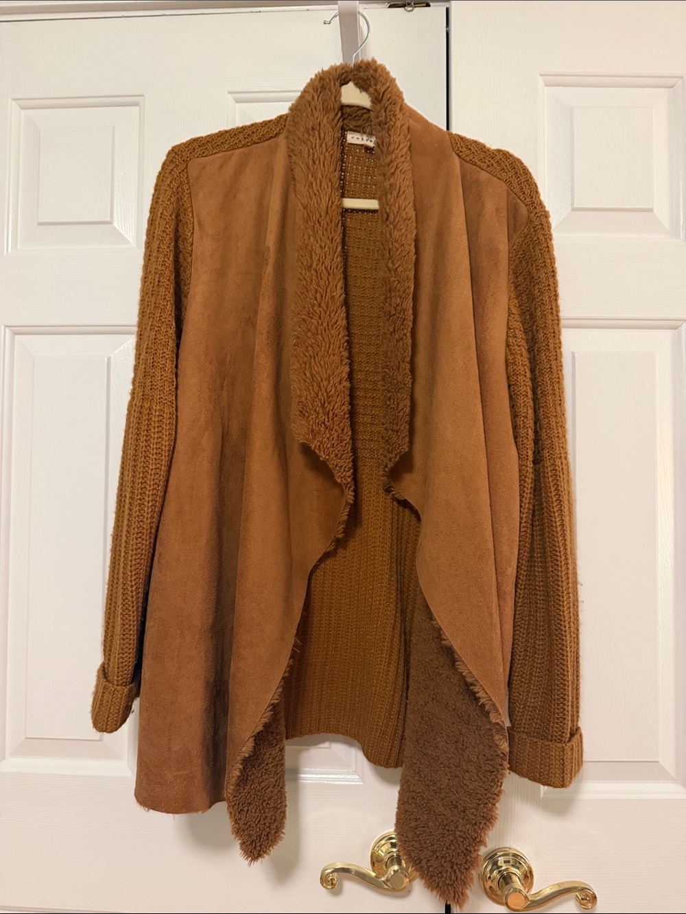 Open-Front Faux Suede & Knit Draped Cardigan - Brown